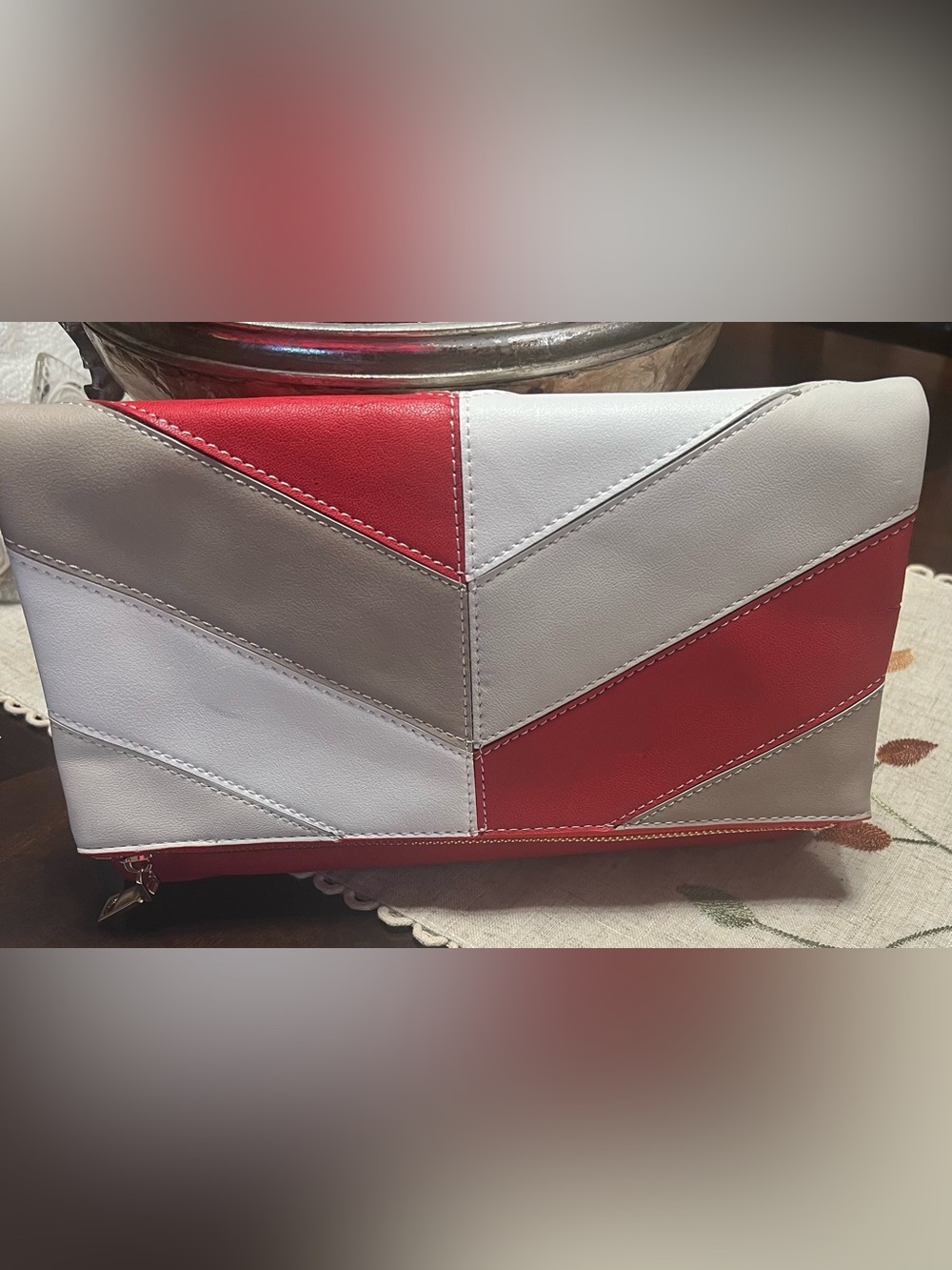 Red, White & Gray Chevron Patchwork Clutch